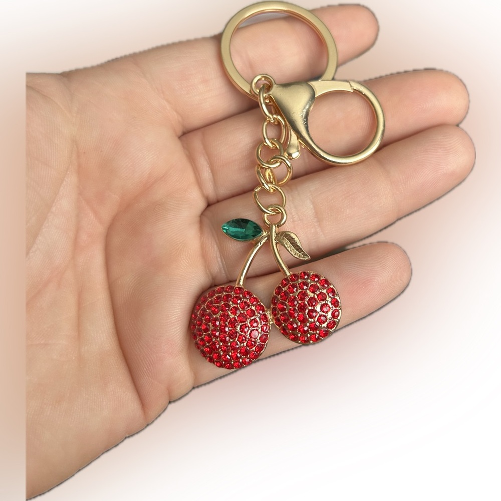 🍒🍒Red Cherry Keychain with Gold Accents